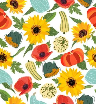 Vector seamless autumn pattern. Autumn leaf, pumpkin, sunflower, papaver Stock Illustration