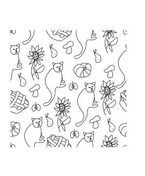 A vector seamless autumn pattern in doodle style. Home print with cat Stock Illustration