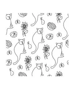 A vector seamless autumn pattern in doodle style. Home print with cat, Illustrazione stock