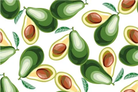 Vector seamless background with avocado fruit slices on a white background. Stock Illustration
