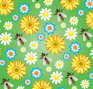 Vector seamless background with bees and flowers Stock Illustration