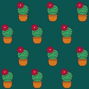 Vector seamless background with blooming cacti in pots Stock Illustration