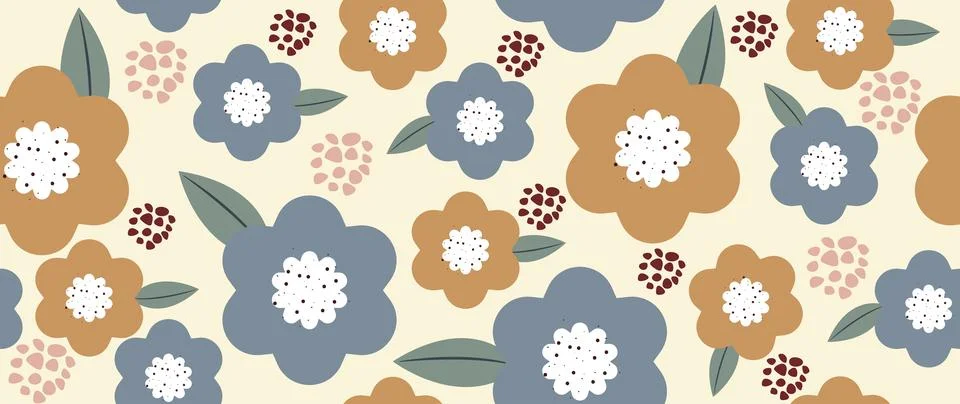 Vector seamless background. Blue and orange flowers with leaves and circles Illustrazione stock