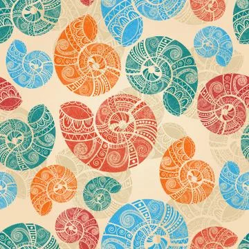 Vector seamless background with  bright snail shells with ethnic patterns Stock Illustration