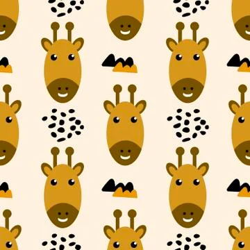 Vector Seamless background with cute giraffe faces and Doodle elements. Creat Stock Illustration