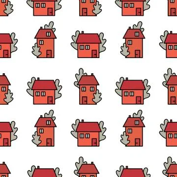 Vector seamless background. Cute houses with red roofs, stylized trees. Stock Illustration