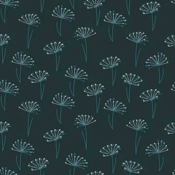 Vector seamless background. Delicate stylized dandelion flowers on a dark blu Illustrazione stock