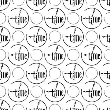 Vector seamless background. The dial and clock hands, Time, hand drawn inscri Stock Illustration
