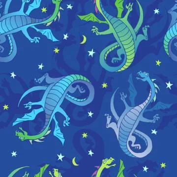 Vector seamless background with dragons jumping in space Stock Illustration