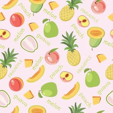 Vector seamless background of fruits peach, guava, melon, pineapple Stock Illustration