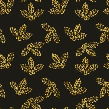 Vector Seamless background. Golden Holly leaves with berries. Stock Illustration