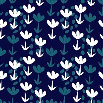 Vector seamless background with hand-drawn flowers, Botanical white and blue Stock Illustration