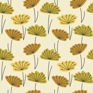 Vector Seamless background. Hand drawn simple stylized flowers and many stame Stock Illustration