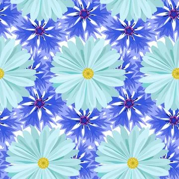Vector seamless background with light blue daisies and blue, lilac cornflowers . Stock Illustration