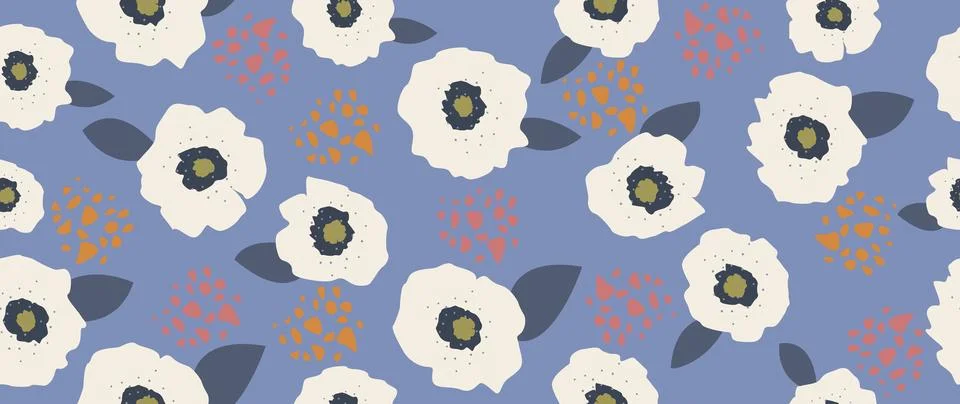 Vector seamless background. Minimalistic white abstract flowers on a blue Stock Illustration