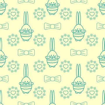 Vector seamless background with rabbit, flowers, bows and heart. Easter eggs Stock Illustration