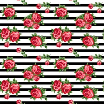 Vector seamless background with red roses and black and white stripes Stock Illustration