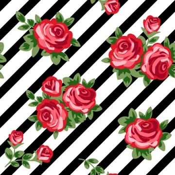 Vector seamless background with red roses and black and white stripes Stock Illustration