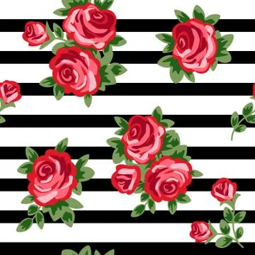 Vector seamless background with red roses and black and white stripes Stock Illustration
