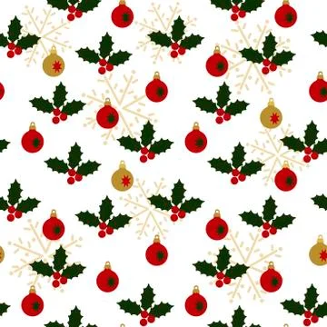 Vector seamless background with red winter berries and Christmas balls. Stock Illustration