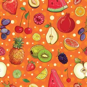 Vector seamless background with various fruits and berries Stock Illustration