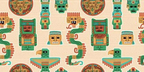 Vector seamless background, with vintage tribal idols, demons, inspired by Stock Illustration