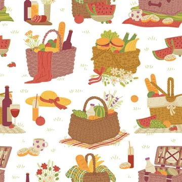 Vector seamless background with wicker picnic baskets full fresh food for lunch. Illustrazione stock
