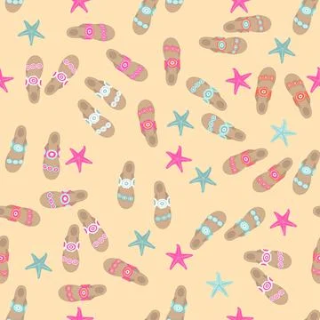 Vector seamless beach pattern of beach flip-flops and starfish Illustrazione stock