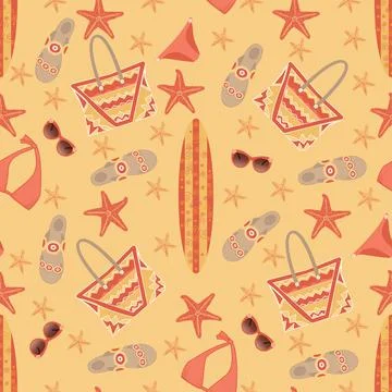 Vector seamless beach pattern with the image of a surfboard, swimsuit, sungla Illustrazione stock