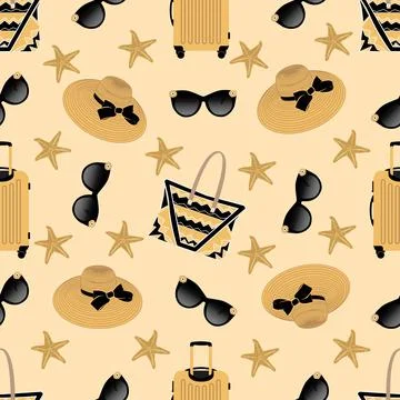 Vector seamless beach pattern with the image of a suitcase, sunglasses, beach Illustrazione stock