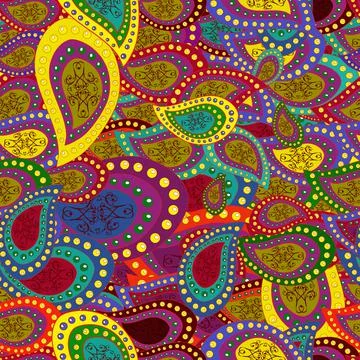 Vector. Seamless Beautiful fabric pattern. Doodles green, purple and red on colo Stock Illustration
