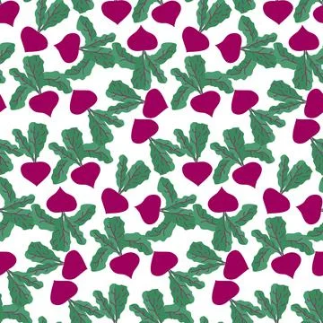 Vector seamless beetroot pattern. Juicy bright root with green leaves. Farm p Stock Illustration