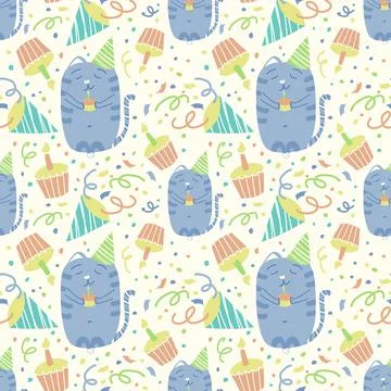 Vector seamless birthday pattern with cartoon cat. Cupcakes with candles Stockillustratie