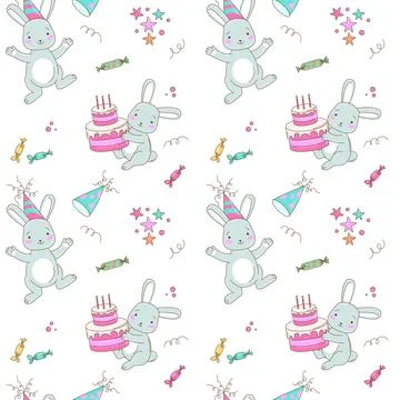 Vector Seamless Birthday Pattern with Cute Bunnies and Celebration Cakes Stock Illustration