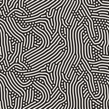 Vector Seamless Black and White Organic Rounded Jumble Lines Retro Pattern Stock Illustration