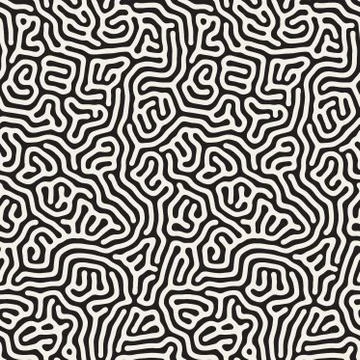 Vector Seamless Black and White Organic Rounded Jumble Lines Maze Coral Pattern 스톡 일러스트