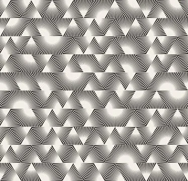 Vector Seamless Black and White Triangle Sunburst Lines Irregular Pattern Stock Illustration