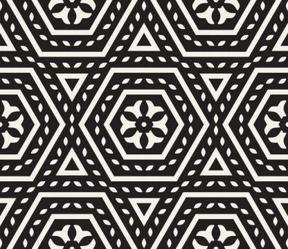 Vector Seamless Black and White Rounded Floral Oriental Hexagonal Pattern Stock Illustration
