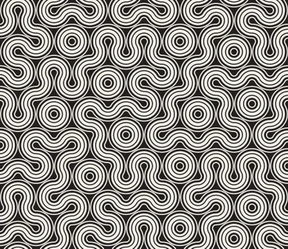 Vector Seamless Black and White Tangled Round Stripes Geometric Pattern Illustrazione stock