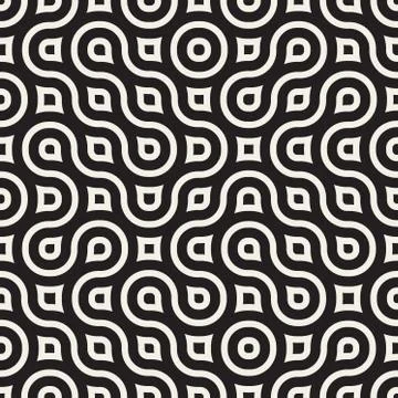 Vector Seamless Black And White Irregular Rounded Lines Pattern 스톡 일러스트