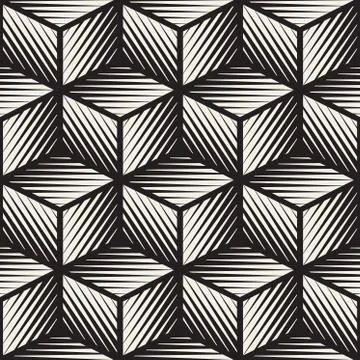 Vector Seamless Black And White Cube Shape Lines Engravement Geometric Pattern Illustrazione stock