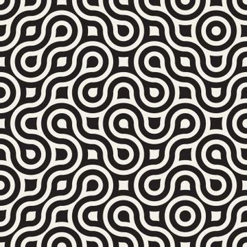 Vector Seamless Black And White Irregular Round Lines Geometric Pattern Illustrazione stock