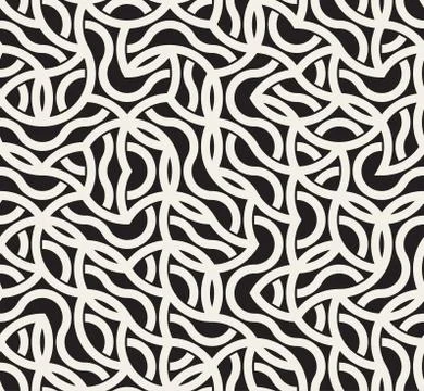 Vector Seamless Black And White Irregular Arc Lines Maze Pattern Stock Illustration