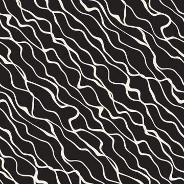 Vector Seamless Black and White Hand Drawn Diagonal Wavy Lines Pattern Stock Illustration