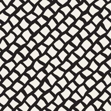 Vector Seamless Black and White Hand Drawn Diagonal Rectangles Lines Pattern Stock Illustration