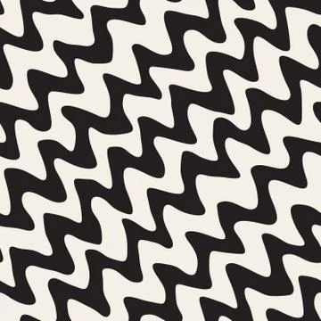 Vector Seamless Black and White Hand Drawn Diagonal Wavy Zigzag Lines Pattern Illustrazione stock