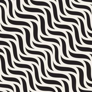 Vector Seamless Black and White Hand Drawn Diagonal Wavy Shapes Pattern Stock Illustration