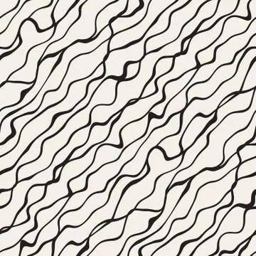 Vector Seamless Black and White Hand Drawn Diagonal Wavy Lines Pattern 스톡 일러스트