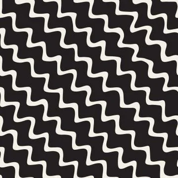 Vector Seamless Black and White Hand Drawn Diagonal Wavy Zigzag Lines Pattern Illustrazione stock