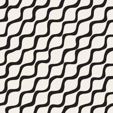 Vector Seamless Black and White Hand Drawn Diagonal Wavy Lines Pattern Stock Illustration